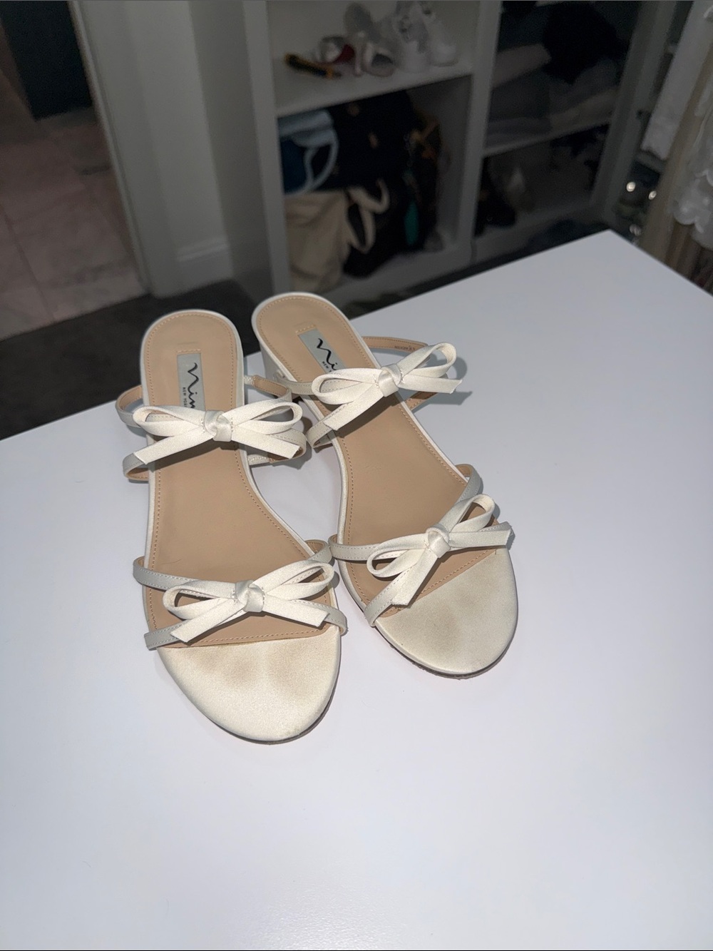 Nina Bow Strap Satin Slide Sandals in Ivory - Picture 2 of 5